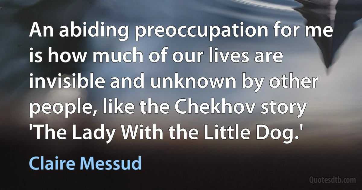 An abiding preoccupation for me is how much of our lives are invisible and unknown by other people, like the Chekhov story 'The Lady With the Little Dog.' (Claire Messud)