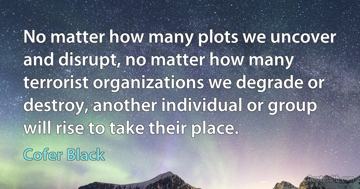 No matter how many plots we uncover and disrupt, no matter how many terrorist organizations we degrade or destroy, another individual or group will rise to take their place. (Cofer Black)