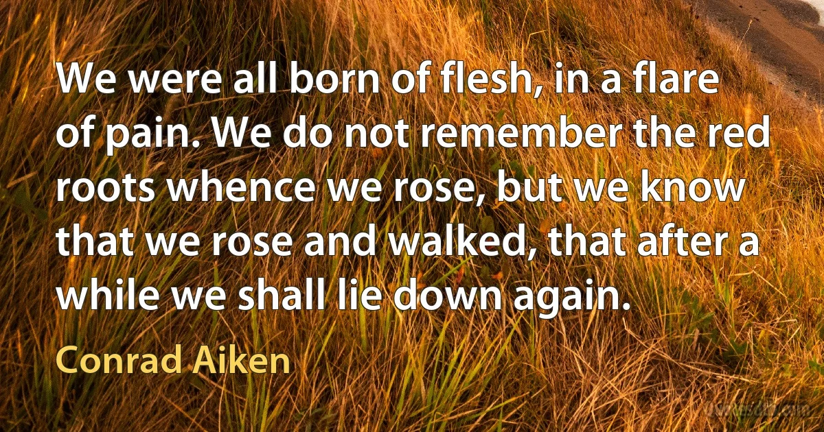 We were all born of flesh, in a flare of pain. We do not remember the red roots whence we rose, but we know that we rose and walked, that after a while we shall lie down again. (Conrad Aiken)