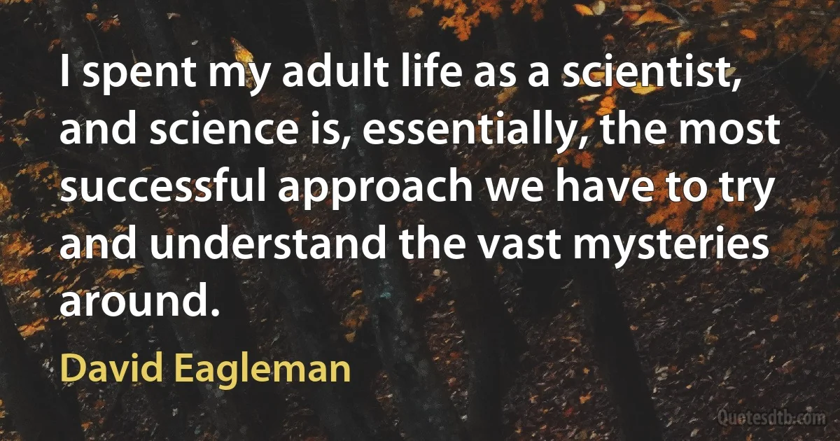 I spent my adult life as a scientist, and science is, essentially, the most successful approach we have to try and understand the vast mysteries around. (David Eagleman)