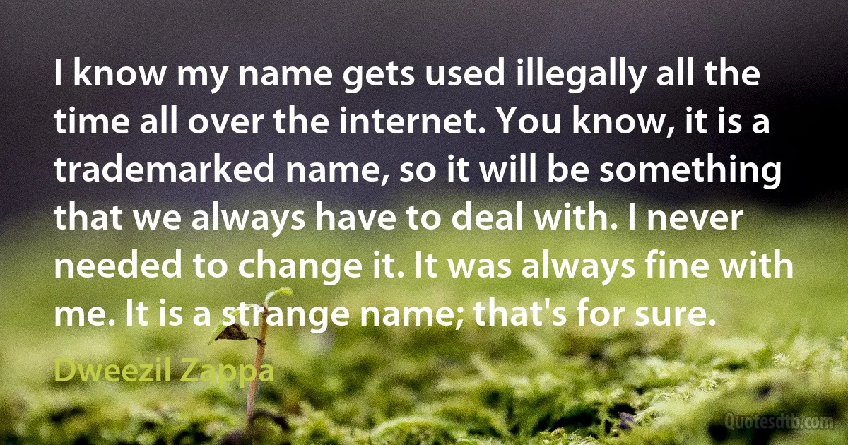 I know my name gets used illegally all the time all over the internet. You know, it is a trademarked name, so it will be something that we always have to deal with. I never needed to change it. It was always fine with me. It is a strange name; that's for sure. (Dweezil Zappa)