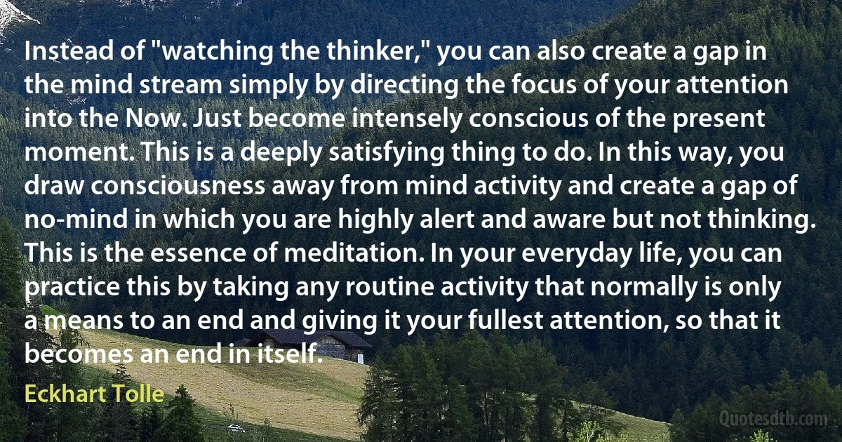 Instead of "watching the thinker," you can also create a gap in the mind stream simply by directing the focus of your attention into the Now. Just become intensely conscious of the present moment. This is a deeply satisfying thing to do. In this way, you draw consciousness away from mind activity and create a gap of no-mind in which you are highly alert and aware but not thinking. This is the essence of meditation. In your everyday life, you can practice this by taking any routine activity that normally is only a means to an end and giving it your fullest attention, so that it becomes an end in itself. (Eckhart Tolle)