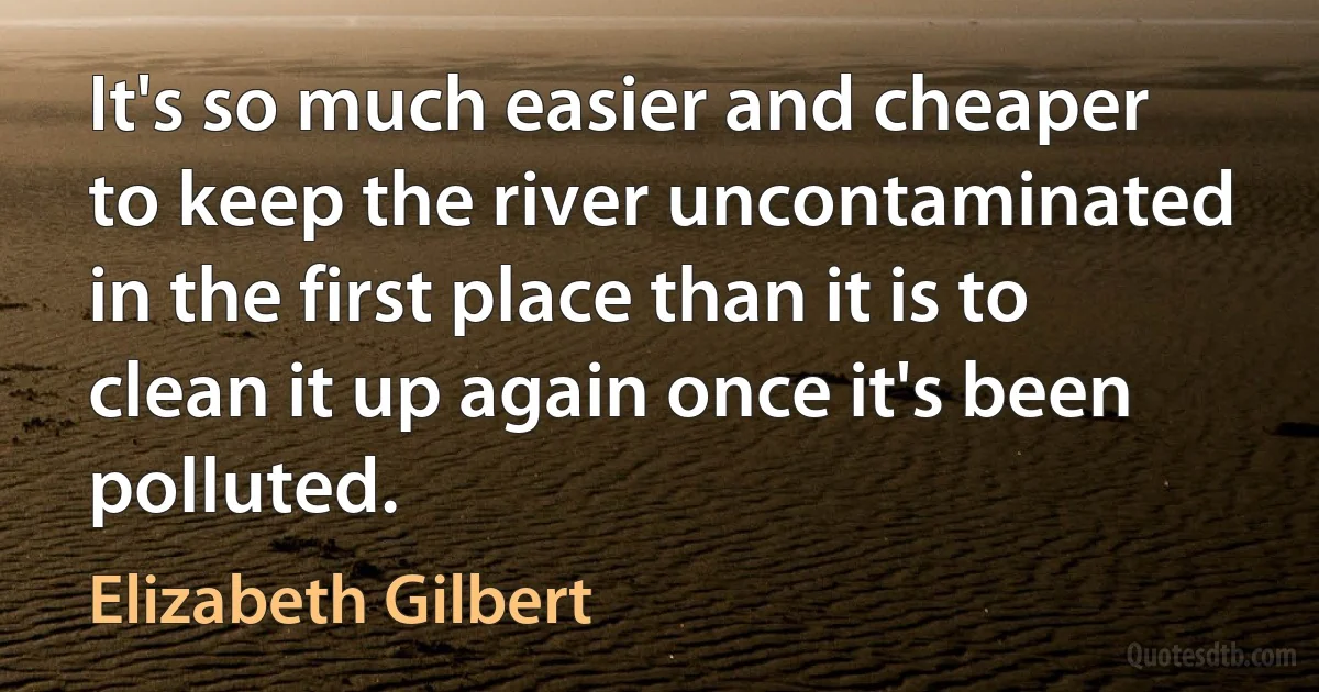 It's so much easier and cheaper to keep the river uncontaminated in the first place than it is to clean it up again once it's been polluted. (Elizabeth Gilbert)