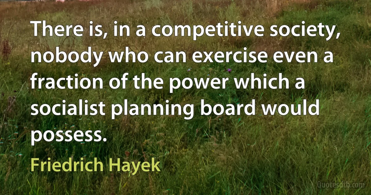 There is, in a competitive society, nobody who can exercise even a fraction of the power which a socialist planning board would possess. (Friedrich Hayek)