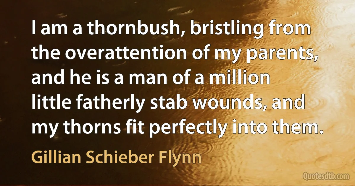 I am a thornbush, bristling from the overattention of my parents, and he is a man of a million little fatherly stab wounds, and my thorns fit perfectly into them. (Gillian Schieber Flynn)