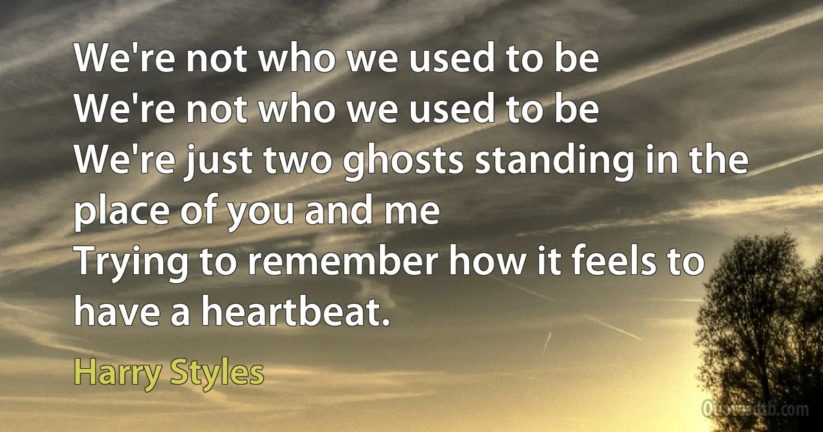 We're not who we used to be
We're not who we used to be
We're just two ghosts standing in the place of you and me
Trying to remember how it feels to have a heartbeat. (Harry Styles)