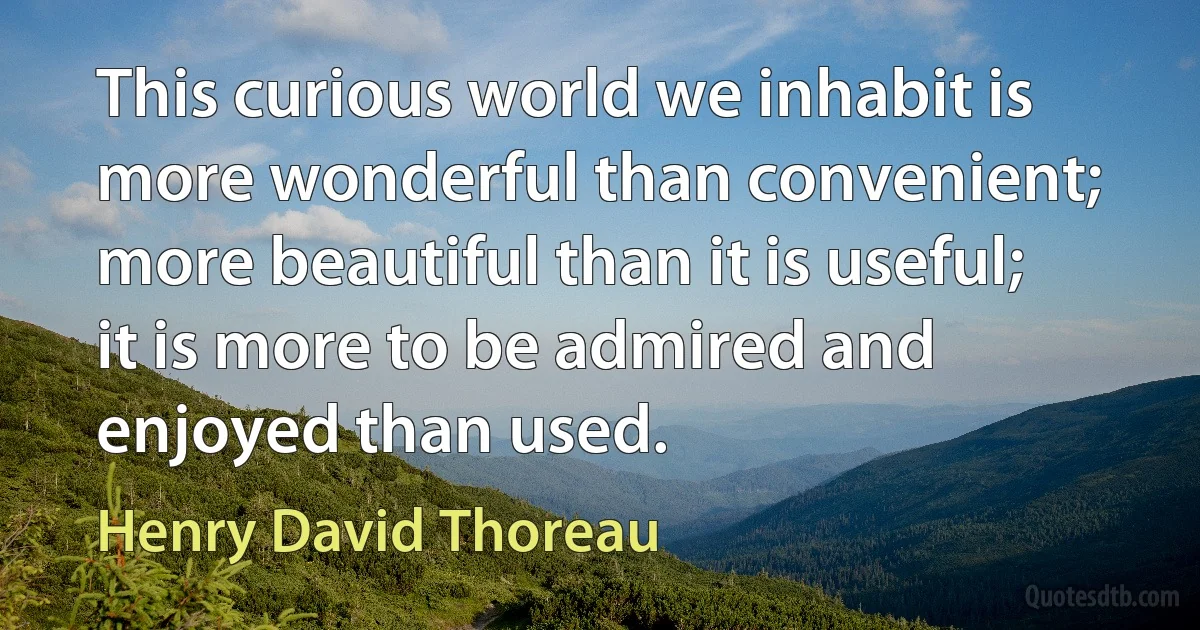 This curious world we inhabit is more wonderful than convenient; more beautiful than it is useful; it is more to be admired and enjoyed than used. (Henry David Thoreau)