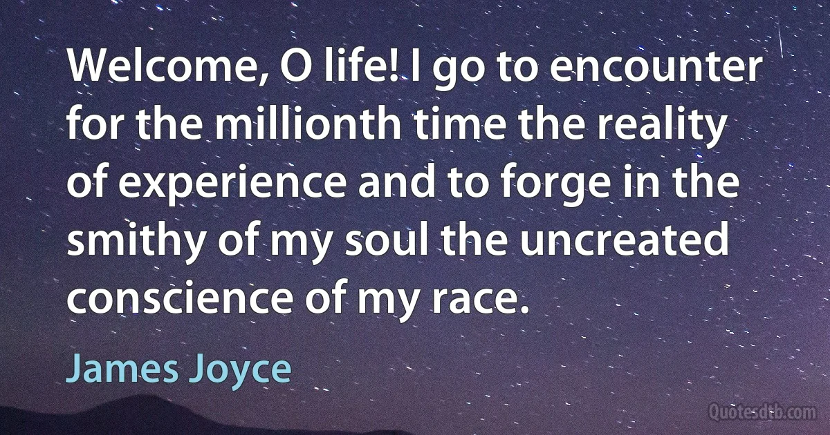 Welcome, O life! I go to encounter for the millionth time the reality of experience and to forge in the smithy of my soul the uncreated conscience of my race. (James Joyce)