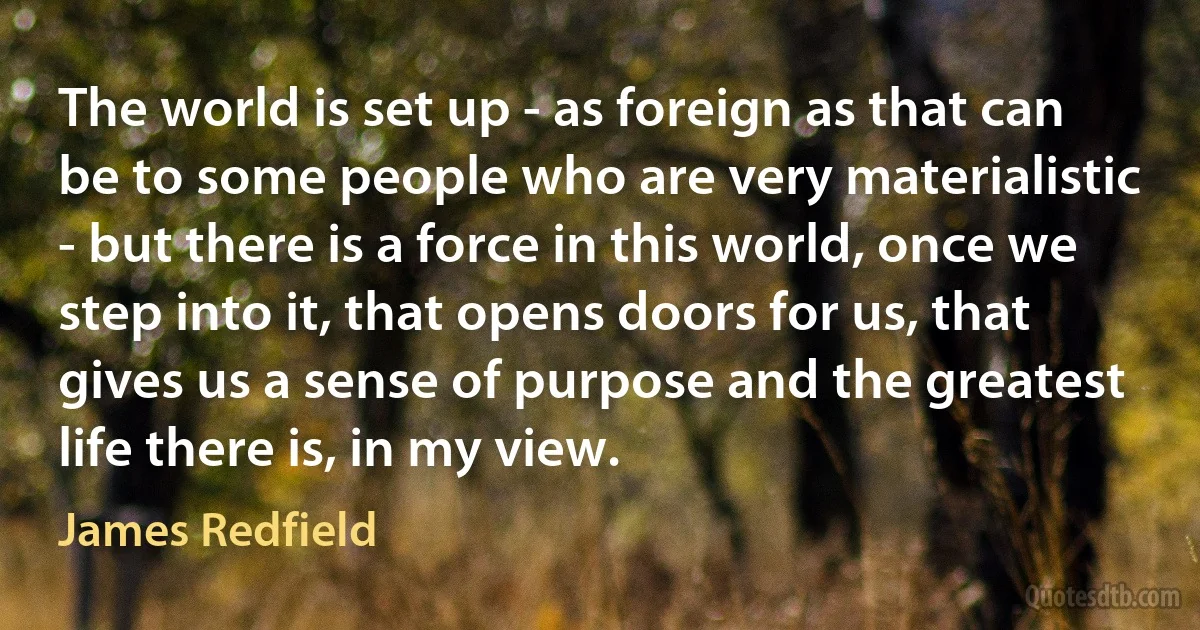 The world is set up - as foreign as that can be to some people who are very materialistic - but there is a force in this world, once we step into it, that opens doors for us, that gives us a sense of purpose and the greatest life there is, in my view. (James Redfield)