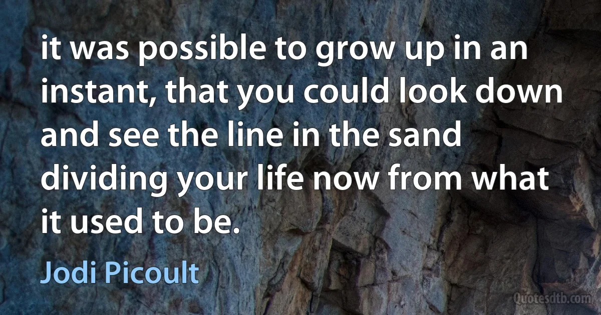 it was possible to grow up in an instant, that you could look down and see the line in the sand dividing your life now from what it used to be. (Jodi Picoult)