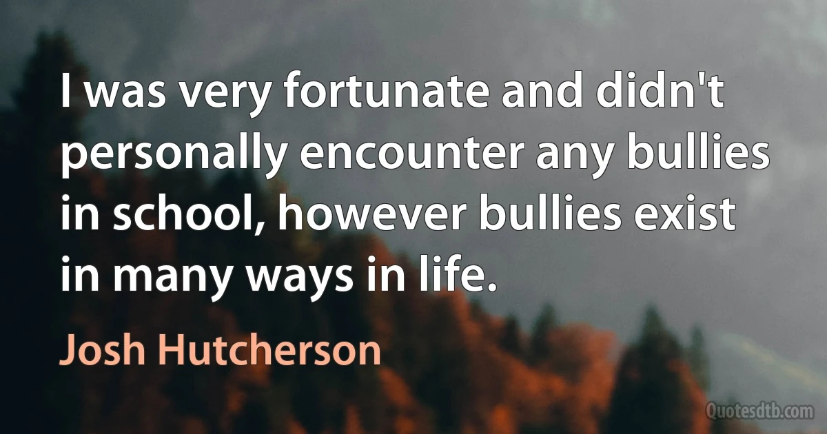 I was very fortunate and didn't personally encounter any bullies in school, however bullies exist in many ways in life. (Josh Hutcherson)