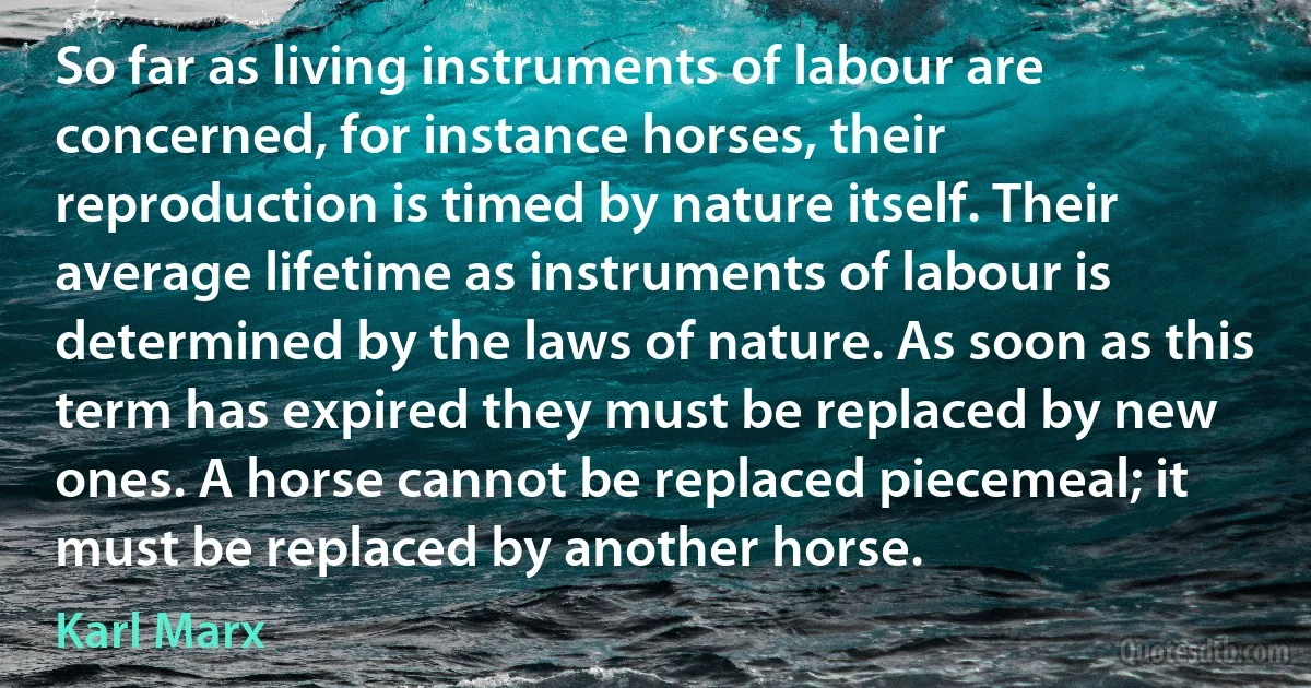 So far as living instruments of labour are concerned, for instance horses, their reproduction is timed by nature itself. Their average lifetime as instruments of labour is determined by the laws of nature. As soon as this term has expired they must be replaced by new ones. A horse cannot be replaced piecemeal; it must be replaced by another horse. (Karl Marx)