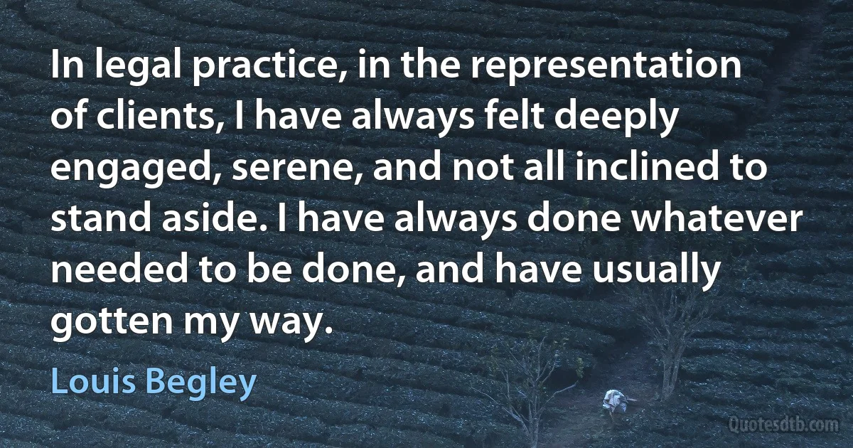 In legal practice, in the representation of clients, I have always felt deeply engaged, serene, and not all inclined to stand aside. I have always done whatever needed to be done, and have usually gotten my way. (Louis Begley)