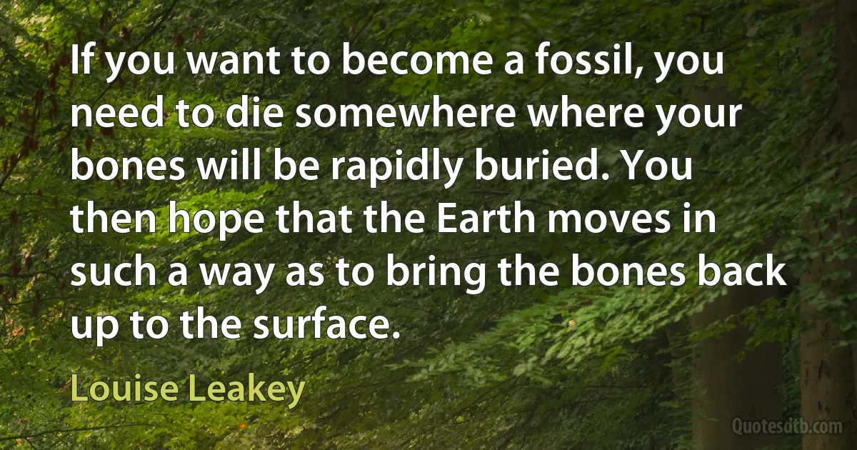 If you want to become a fossil, you need to die somewhere where your bones will be rapidly buried. You then hope that the Earth moves in such a way as to bring the bones back up to the surface. (Louise Leakey)