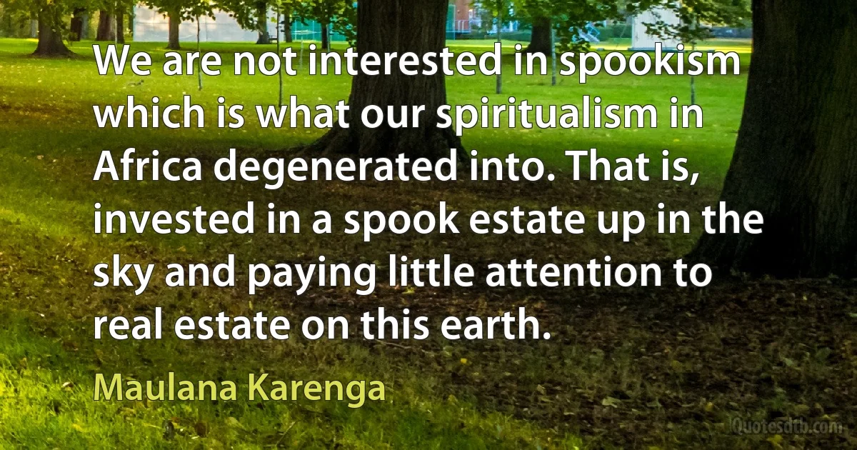 We are not interested in spookism which is what our spiritualism in Africa degenerated into. That is, invested in a spook estate up in the sky and paying little attention to real estate on this earth. (Maulana Karenga)