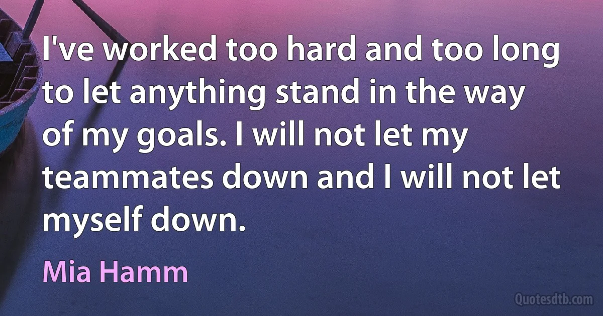 I've worked too hard and too long to let anything stand in the way of my goals. I will not let my teammates down and I will not let myself down. (Mia Hamm)