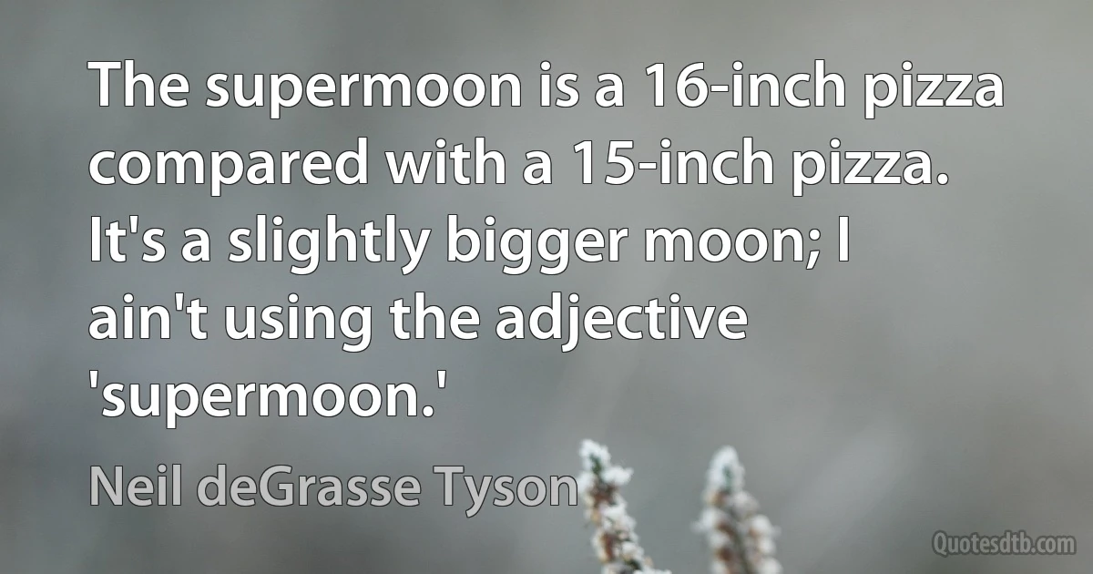 The supermoon is a 16-inch pizza compared with a 15-inch pizza. It's a slightly bigger moon; I ain't using the adjective 'supermoon.' (Neil deGrasse Tyson)