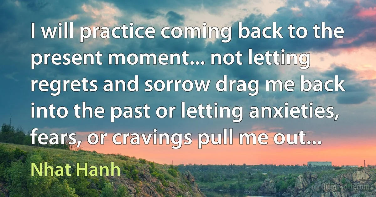 I will practice coming back to the present moment... not letting regrets and sorrow drag me back into the past or letting anxieties, fears, or cravings pull me out... (Nhat Hanh)