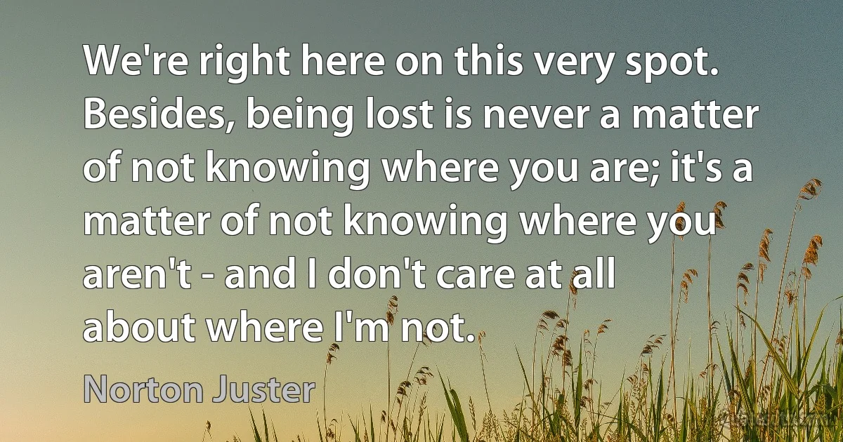 We're right here on this very spot. Besides, being lost is never a matter of not knowing where you are; it's a matter of not knowing where you aren't - and I don't care at all about where I'm not. (Norton Juster)