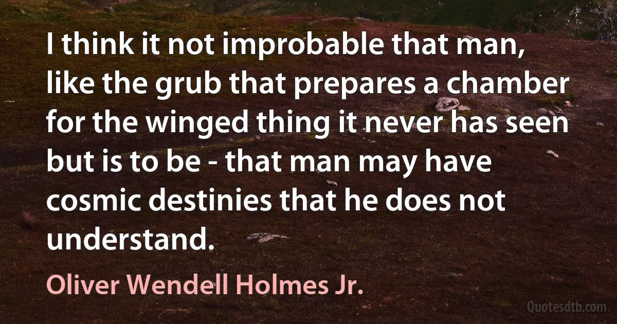 I think it not improbable that man, like the grub that prepares a chamber for the winged thing it never has seen but is to be - that man may have cosmic destinies that he does not understand. (Oliver Wendell Holmes Jr.)