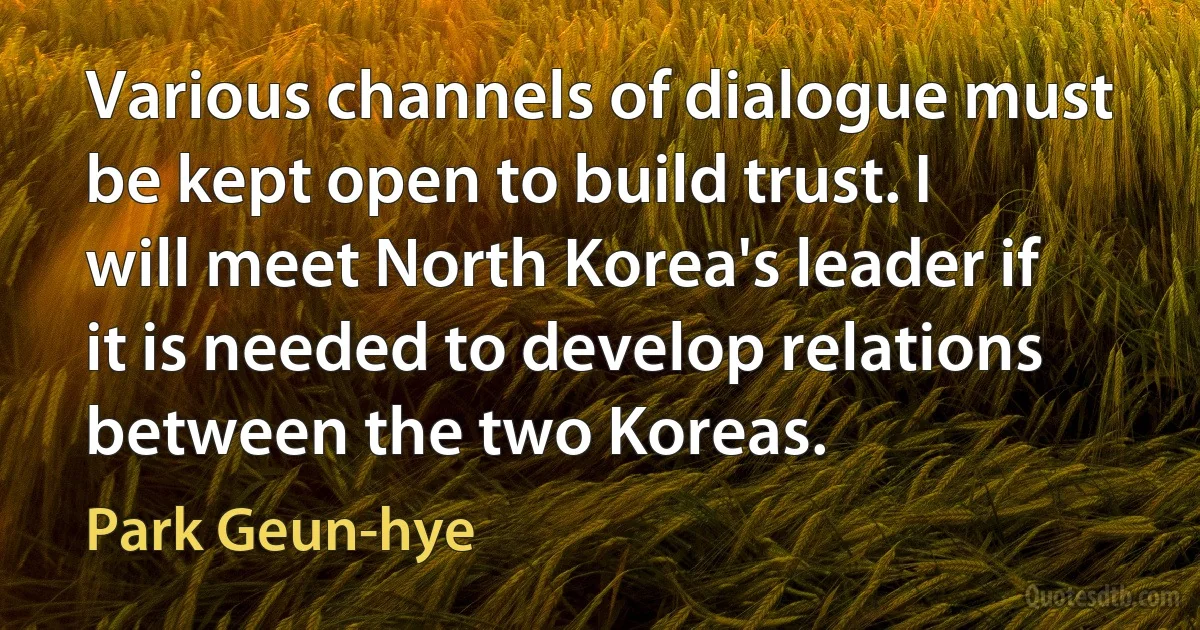 Various channels of dialogue must be kept open to build trust. I will meet North Korea's leader if it is needed to develop relations between the two Koreas. (Park Geun-hye)