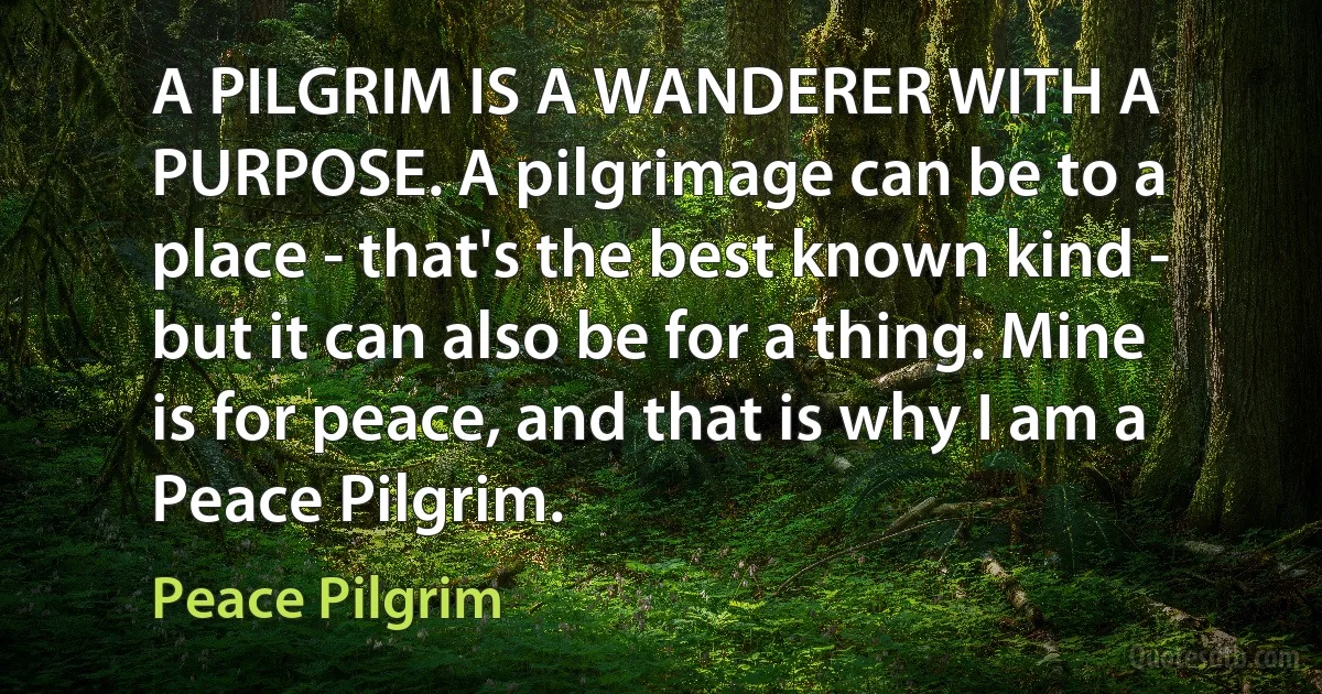 A PILGRIM IS A WANDERER WITH A PURPOSE. A pilgrimage can be to a place - that's the best known kind - but it can also be for a thing. Mine is for peace, and that is why I am a Peace Pilgrim. (Peace Pilgrim)