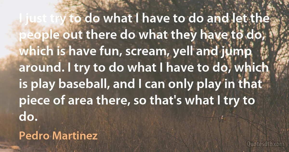 I just try to do what I have to do and let the people out there do what they have to do, which is have fun, scream, yell and jump around. I try to do what I have to do, which is play baseball, and I can only play in that piece of area there, so that's what I try to do. (Pedro Martinez)