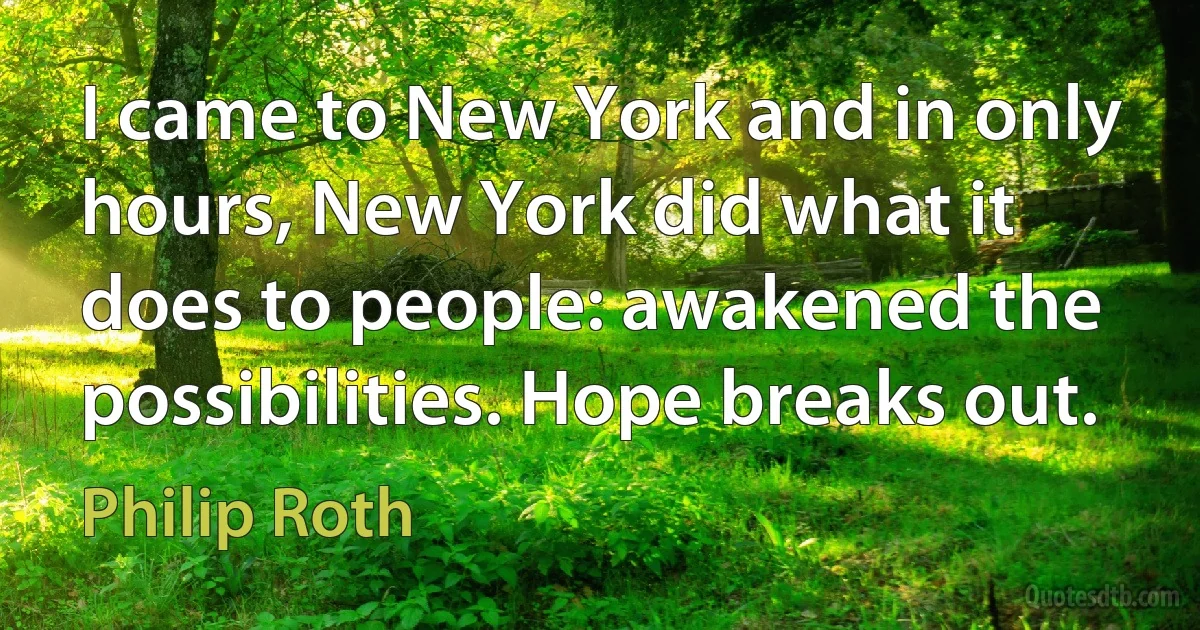 I came to New York and in only hours, New York did what it does to people: awakened the possibilities. Hope breaks out. (Philip Roth)