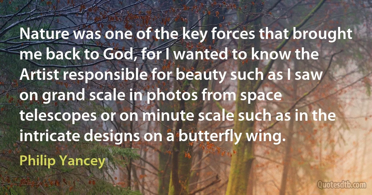 Nature was one of the key forces that brought me back to God, for I wanted to know the Artist responsible for beauty such as I saw on grand scale in photos from space telescopes or on minute scale such as in the intricate designs on a butterfly wing. (Philip Yancey)