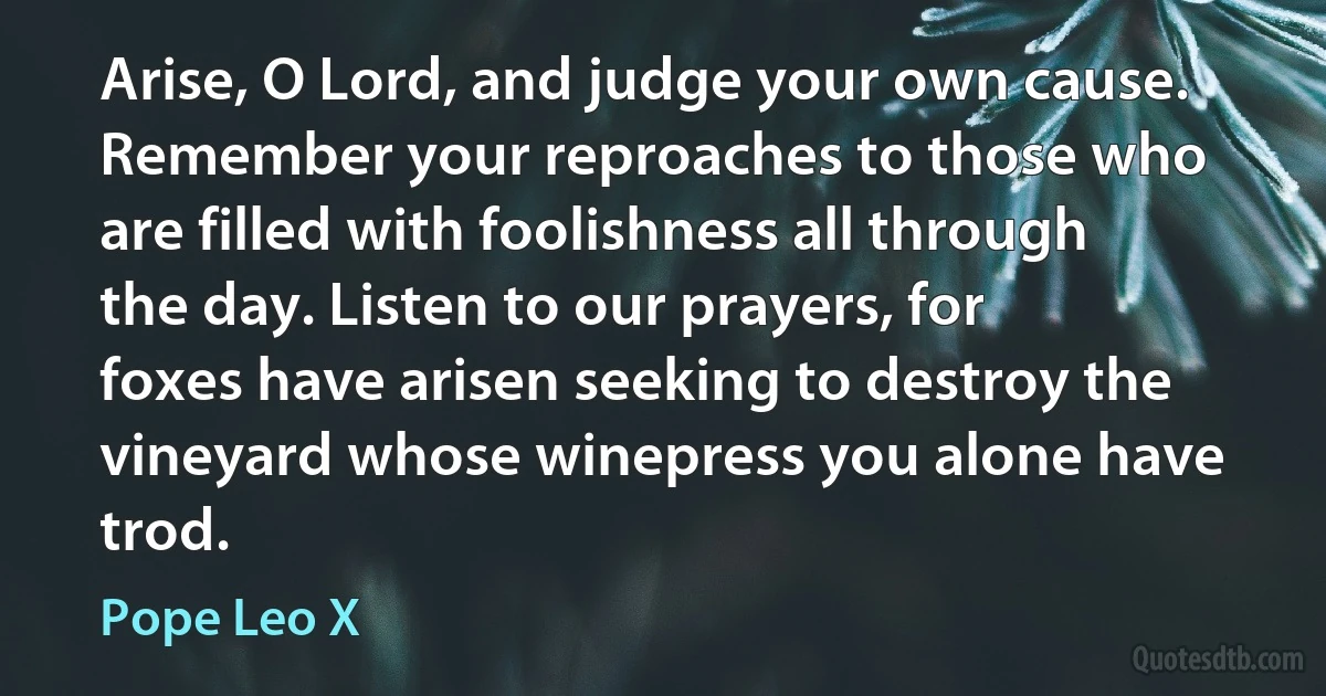 Arise, O Lord, and judge your own cause. Remember your reproaches to those who are filled with foolishness all through the day. Listen to our prayers, for foxes have arisen seeking to destroy the vineyard whose winepress you alone have trod. (Pope Leo X)