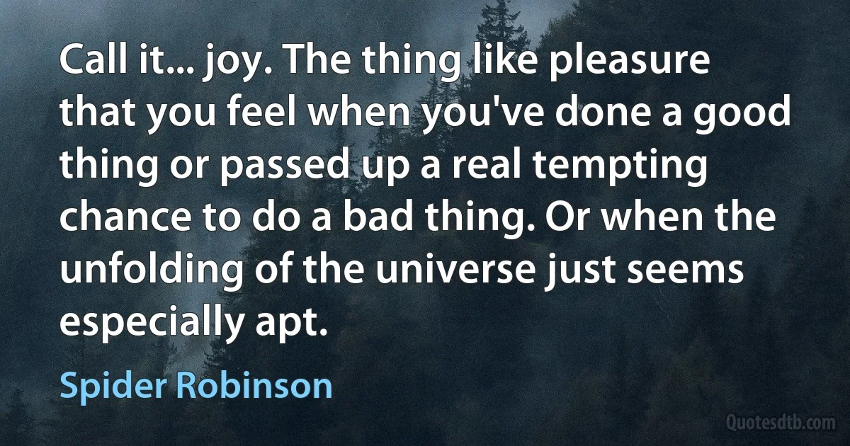 Call it... joy. The thing like pleasure that you feel when you've done a good thing or passed up a real tempting chance to do a bad thing. Or when the unfolding of the universe just seems especially apt. (Spider Robinson)