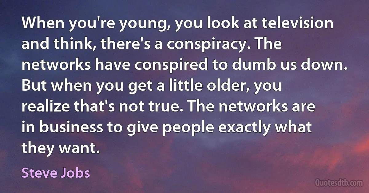 When you're young, you look at television and think, there's a conspiracy. The networks have conspired to dumb us down. But when you get a little older, you realize that's not true. The networks are in business to give people exactly what they want. (Steve Jobs)