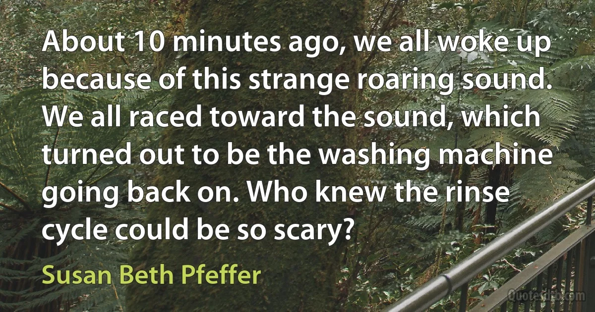 About 10 minutes ago, we all woke up because of this strange roaring sound. We all raced toward the sound, which turned out to be the washing machine going back on. Who knew the rinse cycle could be so scary? (Susan Beth Pfeffer)