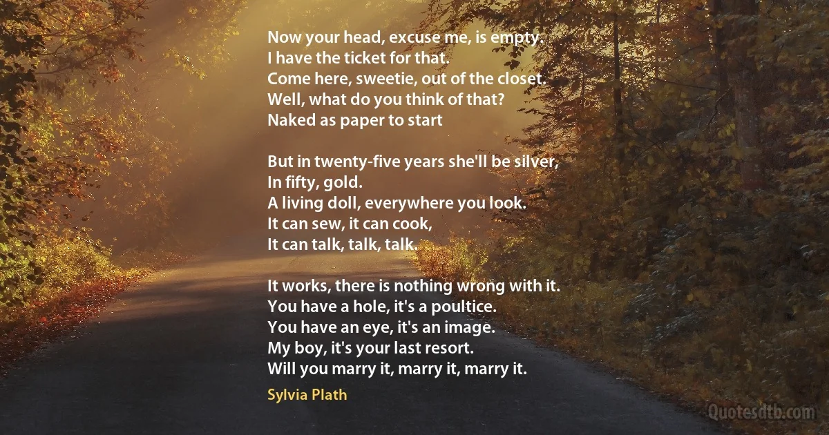 Now your head, excuse me, is empty.
I have the ticket for that.
Come here, sweetie, out of the closet.
Well, what do you think of that?
Naked as paper to start

But in twenty-five years she'll be silver,
In fifty, gold.
A living doll, everywhere you look.
It can sew, it can cook,
It can talk, talk, talk.

It works, there is nothing wrong with it.
You have a hole, it's a poultice.
You have an eye, it's an image.
My boy, it's your last resort.
Will you marry it, marry it, marry it. (Sylvia Plath)