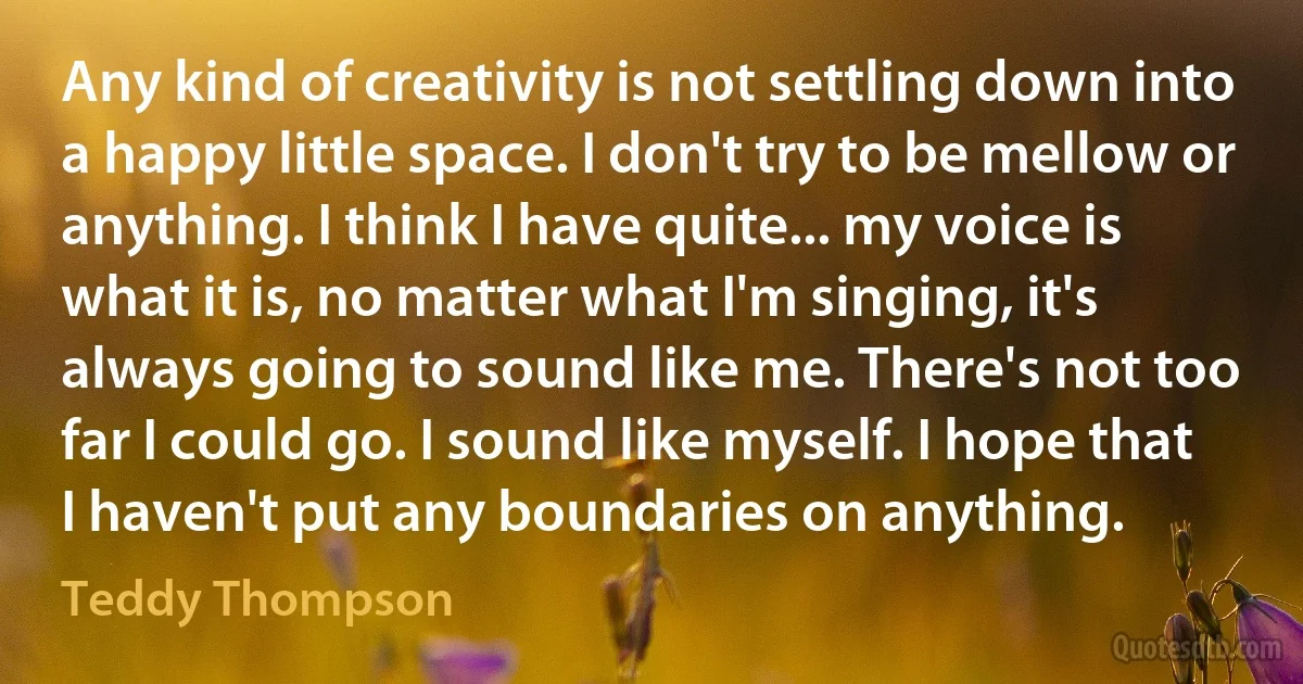 Any kind of creativity is not settling down into a happy little space. I don't try to be mellow or anything. I think I have quite... my voice is what it is, no matter what I'm singing, it's always going to sound like me. There's not too far I could go. I sound like myself. I hope that I haven't put any boundaries on anything. (Teddy Thompson)