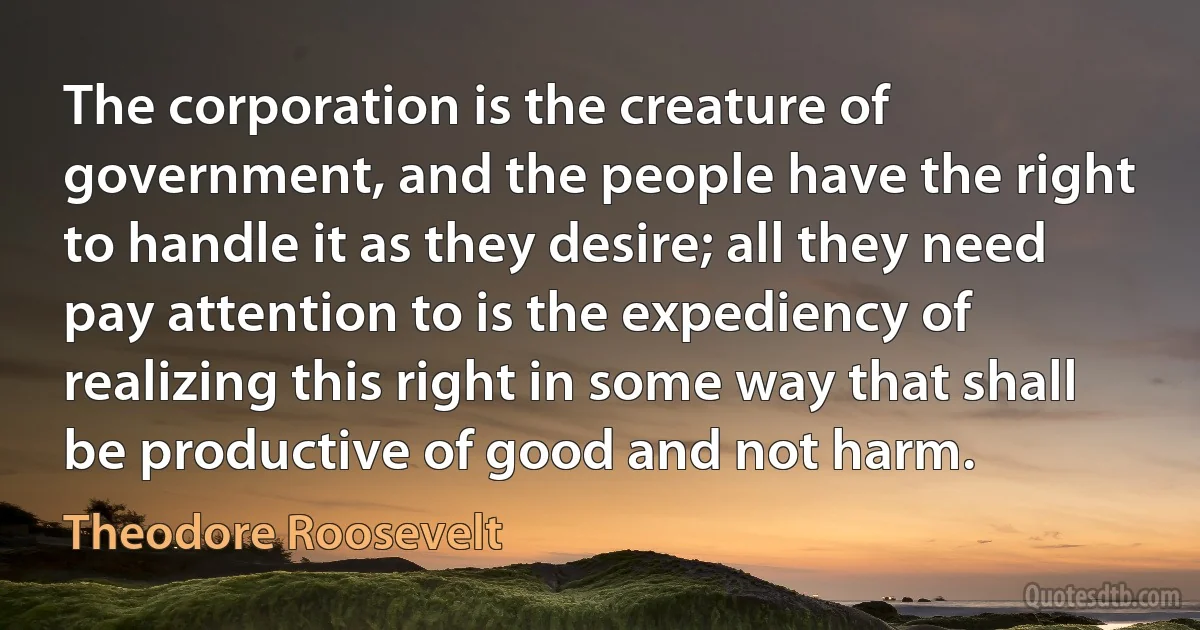 The corporation is the creature of government, and the people have the right to handle it as they desire; all they need pay attention to is the expediency of realizing this right in some way that shall be productive of good and not harm. (Theodore Roosevelt)