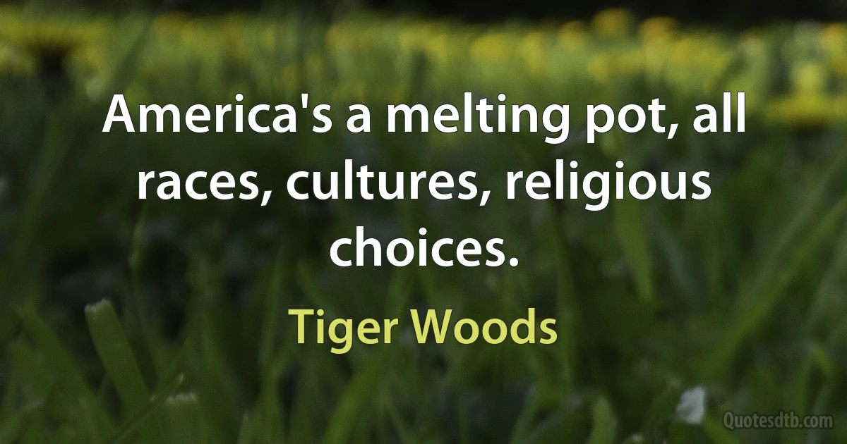 America's a melting pot, all races, cultures, religious choices. (Tiger Woods)