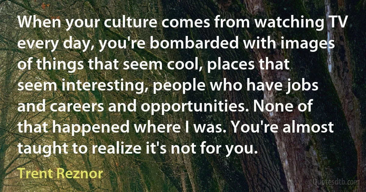 When your culture comes from watching TV every day, you're bombarded with images of things that seem cool, places that seem interesting, people who have jobs and careers and opportunities. None of that happened where I was. You're almost taught to realize it's not for you. (Trent Reznor)