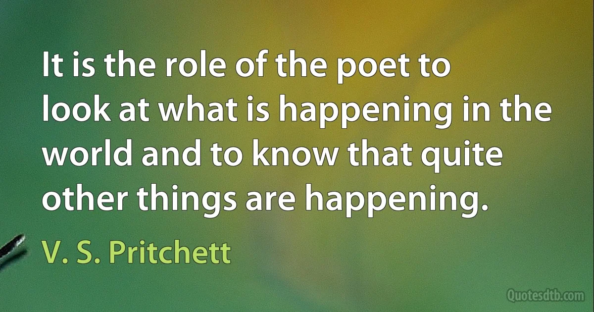 It is the role of the poet to look at what is happening in the world and to know that quite other things are happening. (V. S. Pritchett)