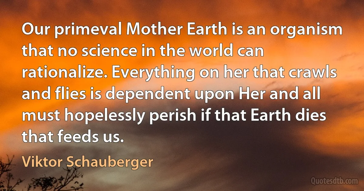 Our primeval Mother Earth is an organism that no science in the world can rationalize. Everything on her that crawls and flies is dependent upon Her and all must hopelessly perish if that Earth dies that feeds us. (Viktor Schauberger)