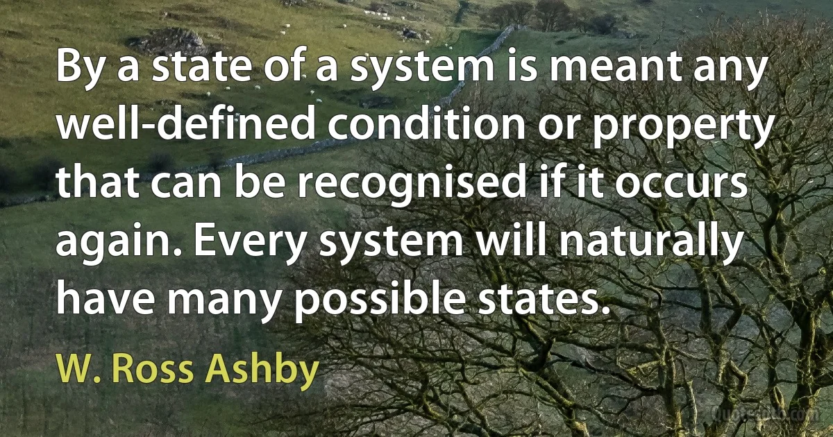 By a state of a system is meant any well-defined condition or property that can be recognised if it occurs again. Every system will naturally have many possible states. (W. Ross Ashby)