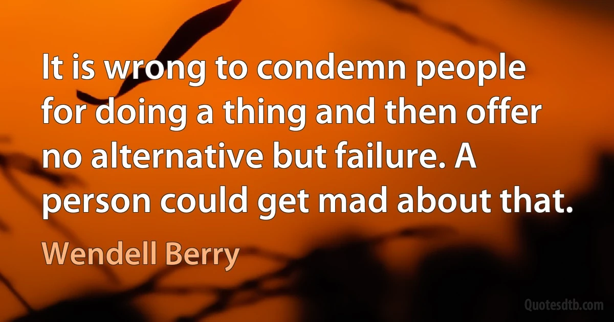 It is wrong to condemn people for doing a thing and then offer no alternative but failure. A person could get mad about that. (Wendell Berry)