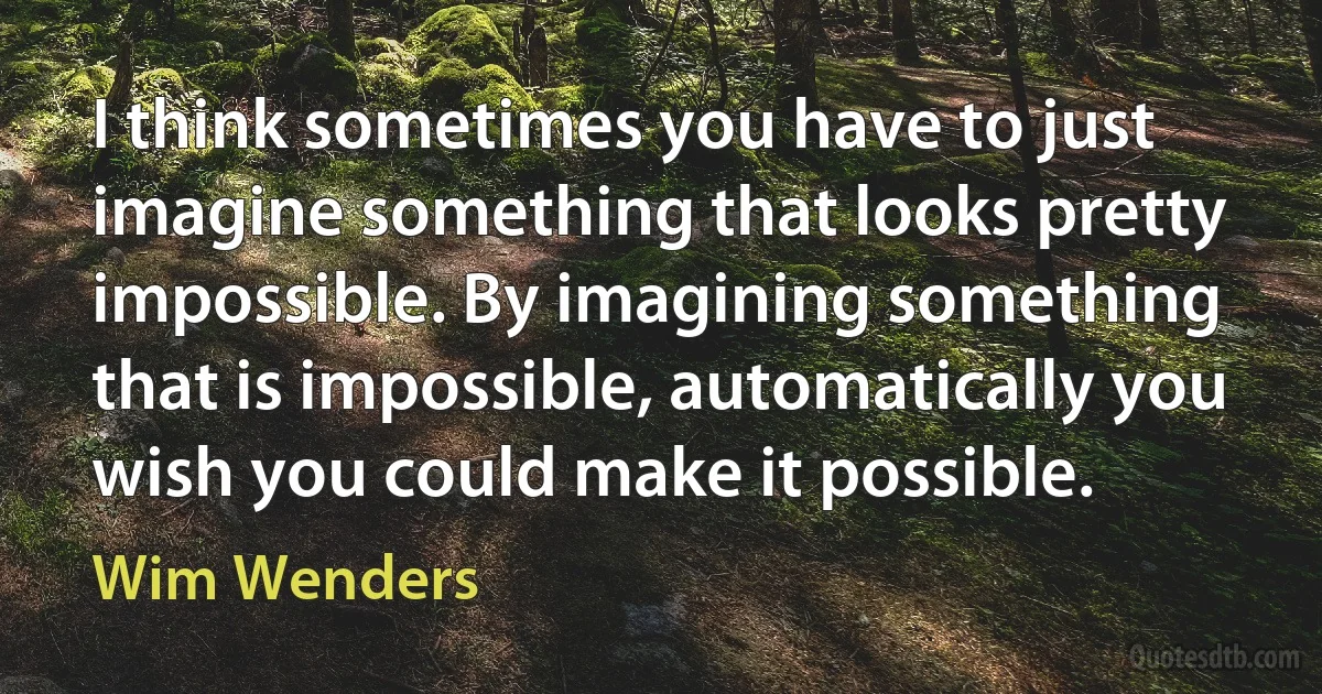 I think sometimes you have to just imagine something that looks pretty impossible. By imagining something that is impossible, automatically you wish you could make it possible. (Wim Wenders)