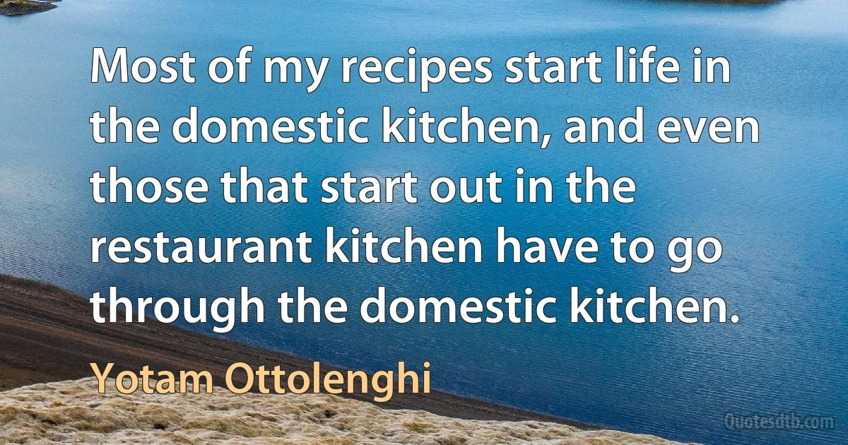 Most of my recipes start life in the domestic kitchen, and even those that start out in the restaurant kitchen have to go through the domestic kitchen. (Yotam Ottolenghi)