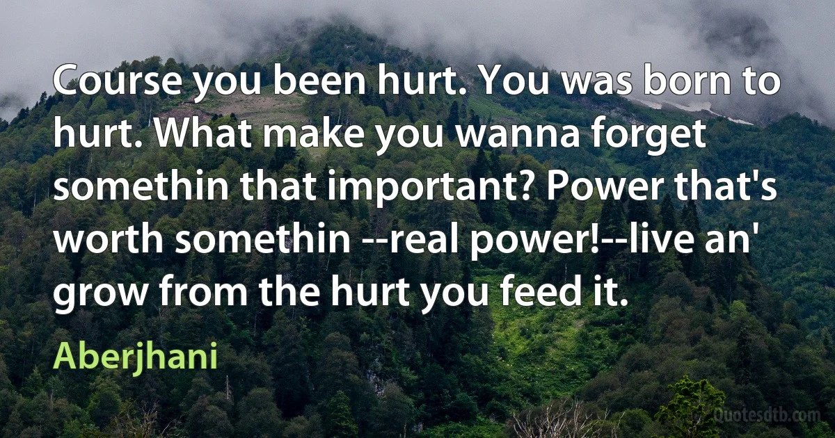 Course you been hurt. You was born to hurt. What make you wanna forget somethin that important? Power that's worth somethin --real power!--live an' grow from the hurt you feed it. (Aberjhani)