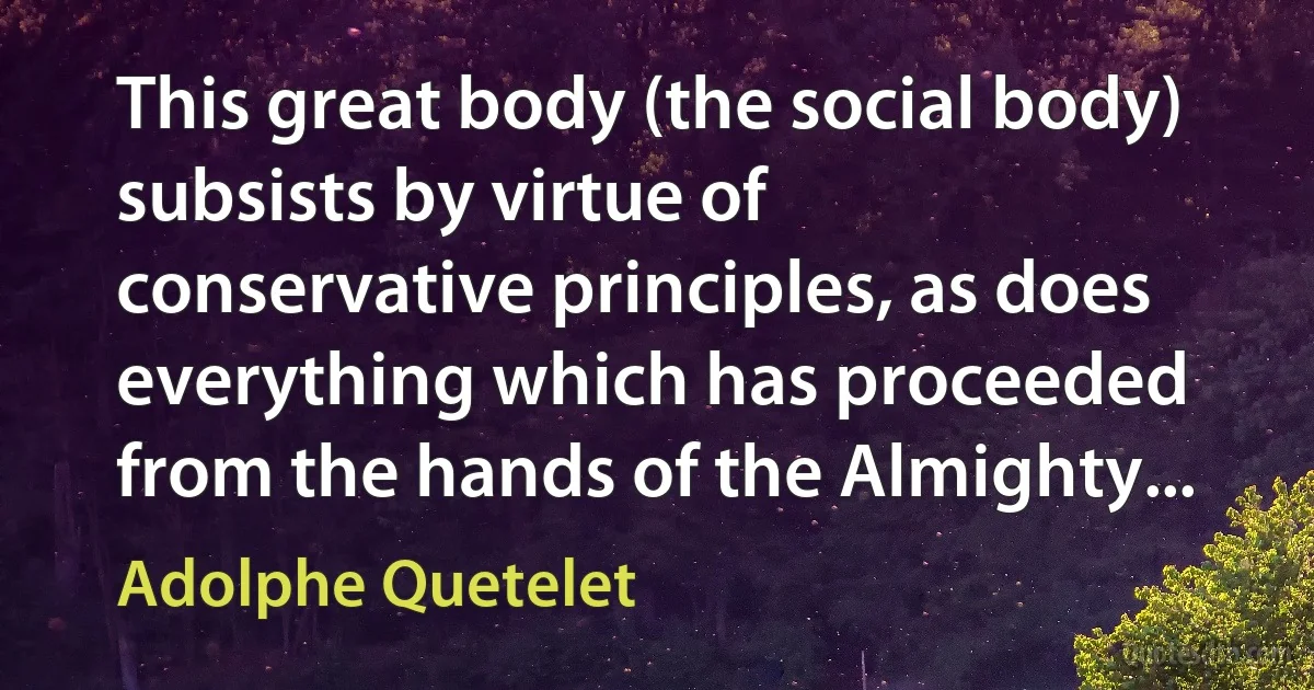 This great body (the social body) subsists by virtue of conservative principles, as does everything which has proceeded from the hands of the Almighty... (Adolphe Quetelet)