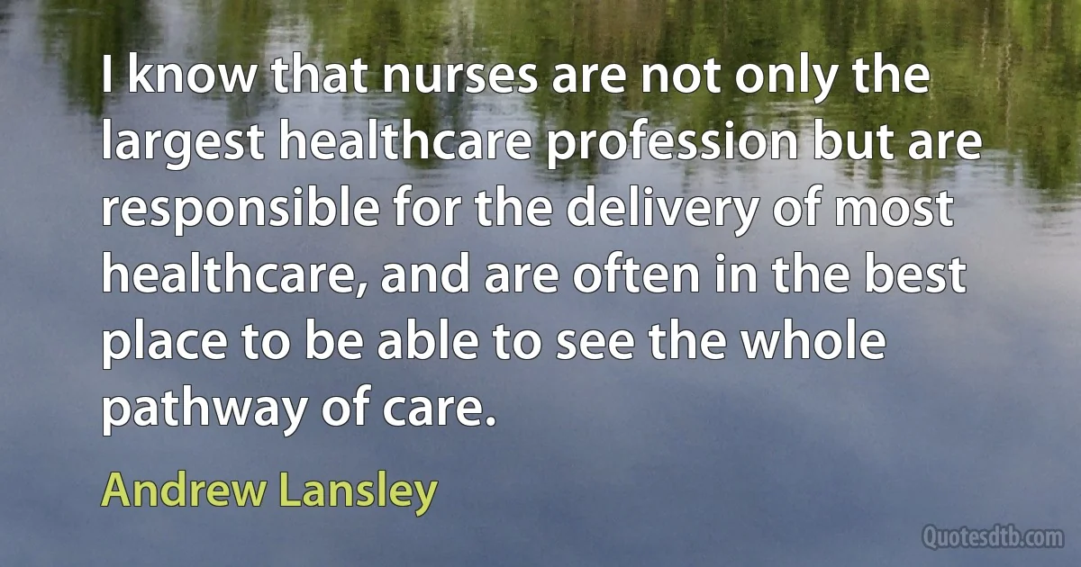 I know that nurses are not only the largest healthcare profession but are responsible for the delivery of most healthcare, and are often in the best place to be able to see the whole pathway of care. (Andrew Lansley)