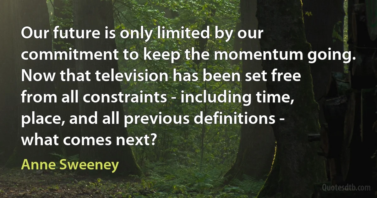 Our future is only limited by our commitment to keep the momentum going. Now that television has been set free from all constraints - including time, place, and all previous definitions - what comes next? (Anne Sweeney)