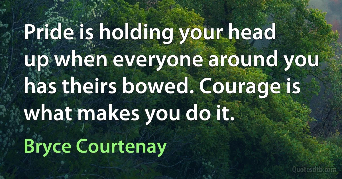 Pride is holding your head up when everyone around you has theirs bowed. Courage is what makes you do it. (Bryce Courtenay)