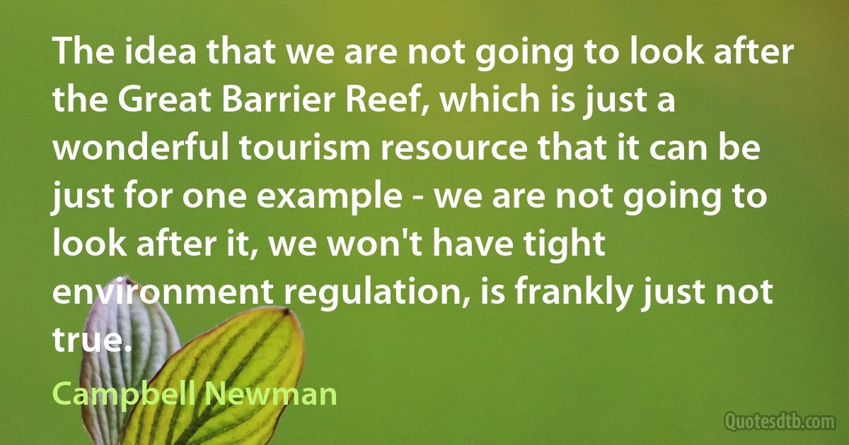 The idea that we are not going to look after the Great Barrier Reef, which is just a wonderful tourism resource that it can be just for one example - we are not going to look after it, we won't have tight environment regulation, is frankly just not true. (Campbell Newman)